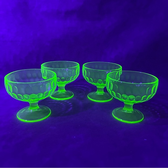 Other - Set of 4 Sherbets Depression Glass Green THUMBPRINT uranium glass UV glow